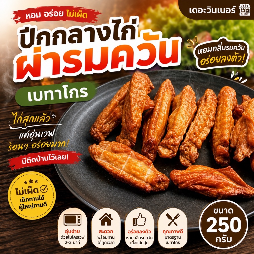 ปีกกลางไก่ผ่ารมควัน เบทาโกร 250 กรัม   หอมกลิ่นรมควัน เนื้อนุ่ม ฉ่ำทุกคำ สุกพร้อมทาน เพียงอุ่นไมโครเวฟ 2-3 นาที