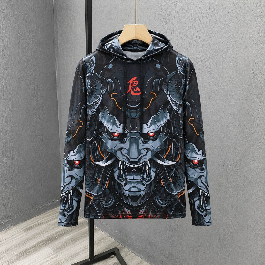 เสื้อฮู้ดแขนยาวผู้ชาย ลายหน้ากากปีศาจ สไตล์ญี่ปุ่น เสื้อกันแดด แห้งไว ใส่ขี่รถ ใส่ออกทริป