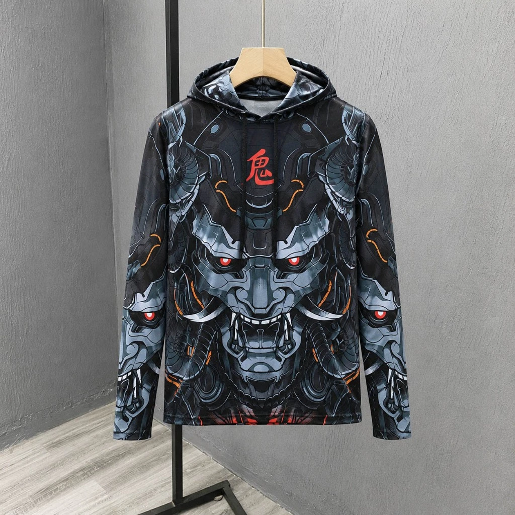เสื้อฮู้ดแขนยาวผู้ชาย ลายหน้ากากปีศาจ สไตล์ญี่ปุ่น เสื้อกันแดด แห้งไว ใส่ขี่รถ ใส่ออกทริป