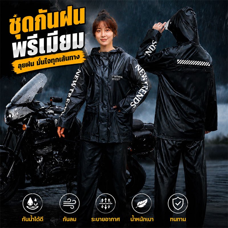 ชุดกันฝนแยกเสื้อกางเกงผู้ใหญ่ วัสดุหนาทนทาน ขี่มอเตอร์ไซค์ มีแถบสะท้อนแสง กันน้ำไม่รั่ว ใช้กลางแจ้งได้