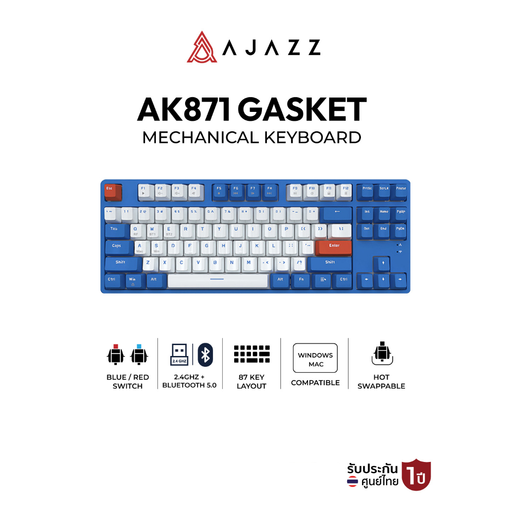 คีย์บอร์ดเกมมิ่ง Ajazz AK871 Wireless Hotswap Dual Module(2.4+BT) TKL 80% 87Key Mechanical Keyboard 