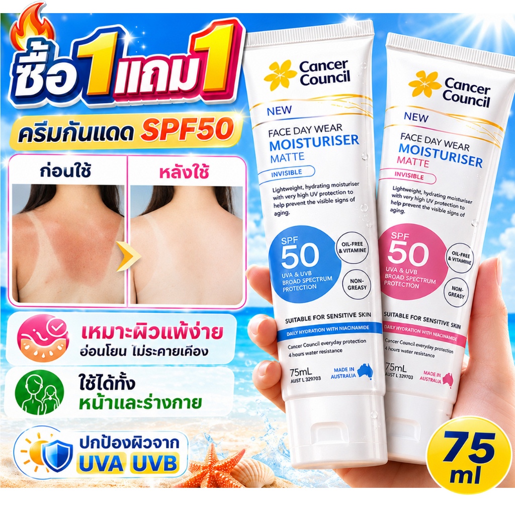 Cancer Council ครีมกันแดด SPF50  กันน้ำ 4 ชั่วโมง ไม่เหนอะหนะ เหมาะผิวแพ้ง่าย ใช้ได้ทั้งหน้าและร่างกาย 75ml