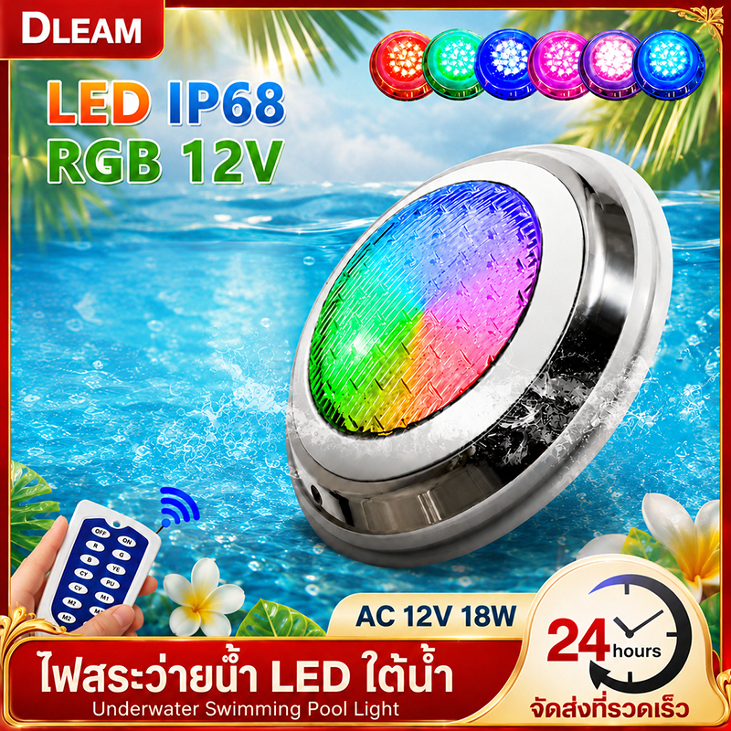 AC12V ไฟสระว่ายน้ำ ไฟใต้น้ำ RGB ​ไฟสระว่ายน้ำสแตนเลส ความสว่างสูง 9/12/18W (RGB พร้อมรีโมตคอนโทรลฟรี) ไฟ LED สระว่ายน้ำ