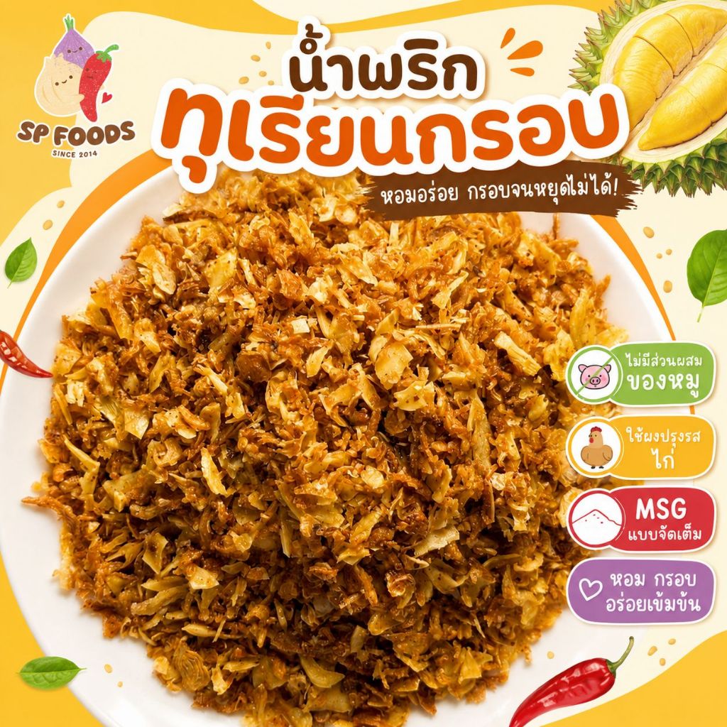 น้ำพริกทุเรียนกรอบ By SP FOODS หอม กรอบ อร่อย รสชาติกลมกล่อมมากค่า น้ำพริก