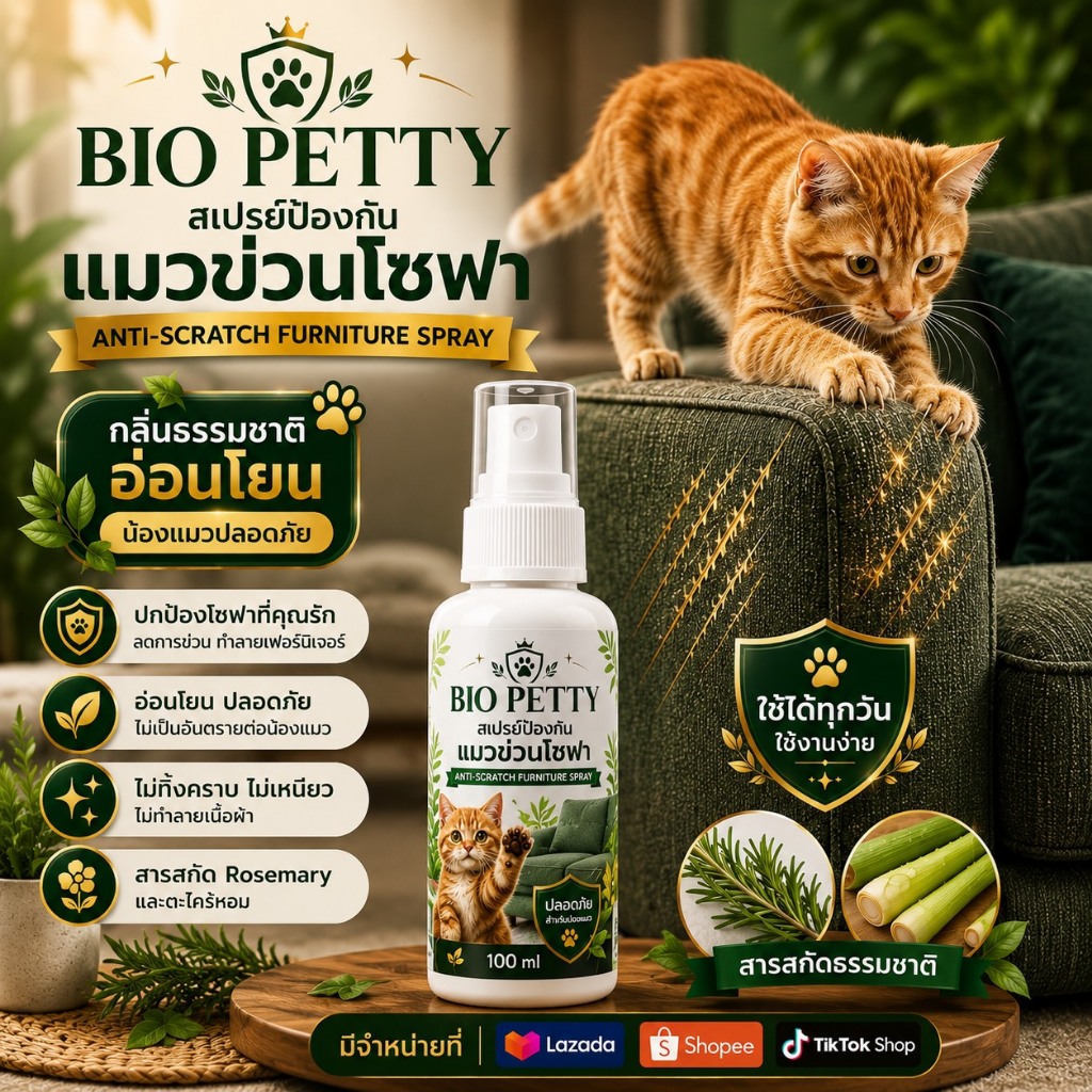 Bio Petty สเปรย์ป้องกันแมวข่วนโซฟา ฉีดปุ๊บ แมวหนีปั๊บ และไม่กลับมาข่วนอีกเลย