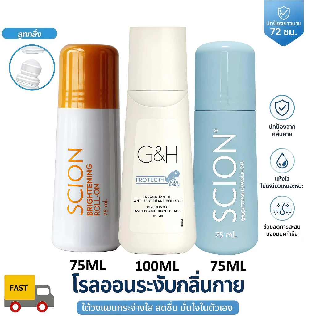 SCION ระงับกลิ่นกาย ลดเหงื่อใต้วงแขน 75ml & Amway G&H Roll-On 100ml น้ำหอมต้านเหงื่อ โรลออนระงับกลิ่นกายสูตรแ