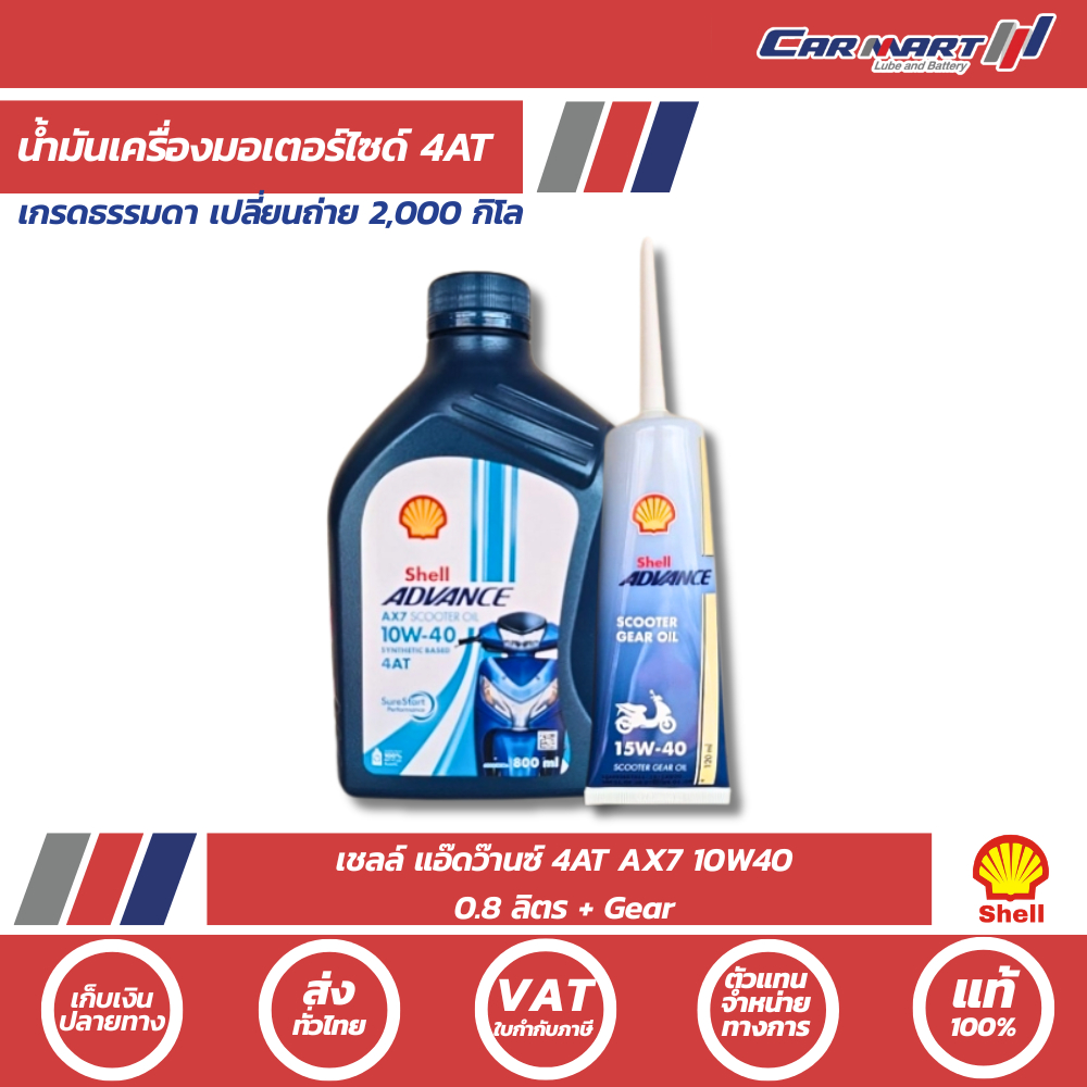🔥ถูกสุดๆ🔥Shell Advance น้ำมันเครื่องมอเตอร์ไซค์ เชลล์ แอ๊ดวานซ์ 4AT AX7 10W40 Scooter 0.8 ลิตร+เฟืองท้าย