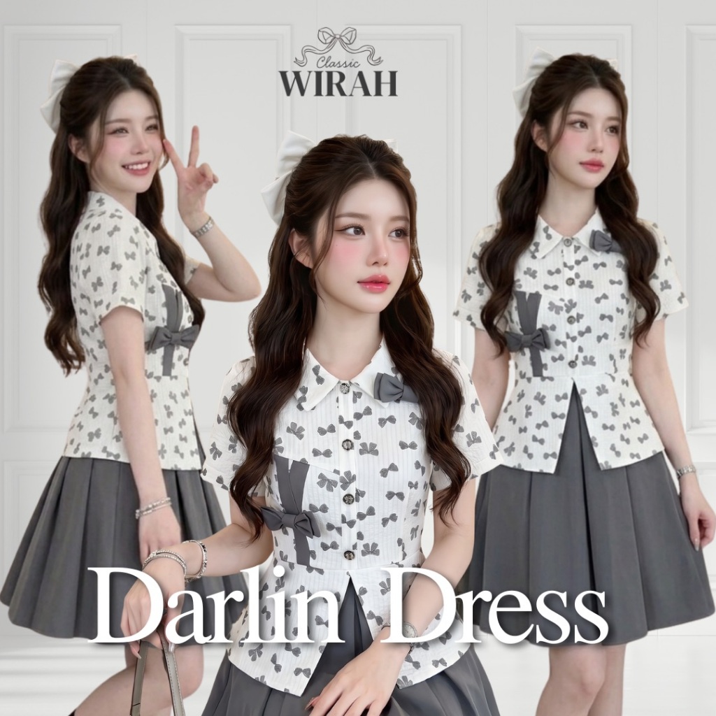 FW175 Darlin Dress  ชุดเดรสสั้นทรงเข้ารูป ท่อนลนและระบายแต่งสะโพกผ้าคอนตอนทอด๊อบบี้ลายริ้วพิมพ์ลายโบว์ ปกบัวเหลี่ยม แต่ง