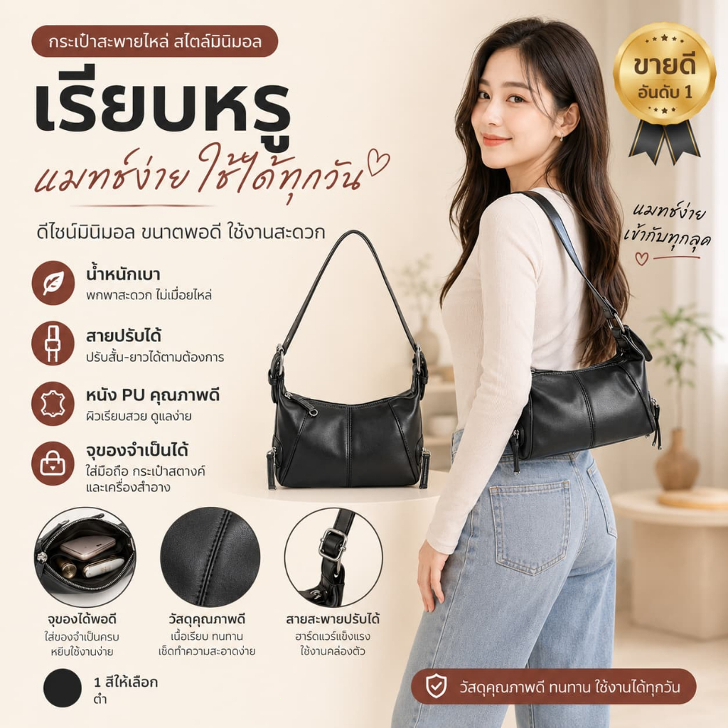 กระเป๋าสะพายข้างผู้หญิงหนัง PU แฟชั่นงานสวยหนังดีเกรดพรีเมี่ยม ดีไซน์ทันสมัยใช้งานสะดวก