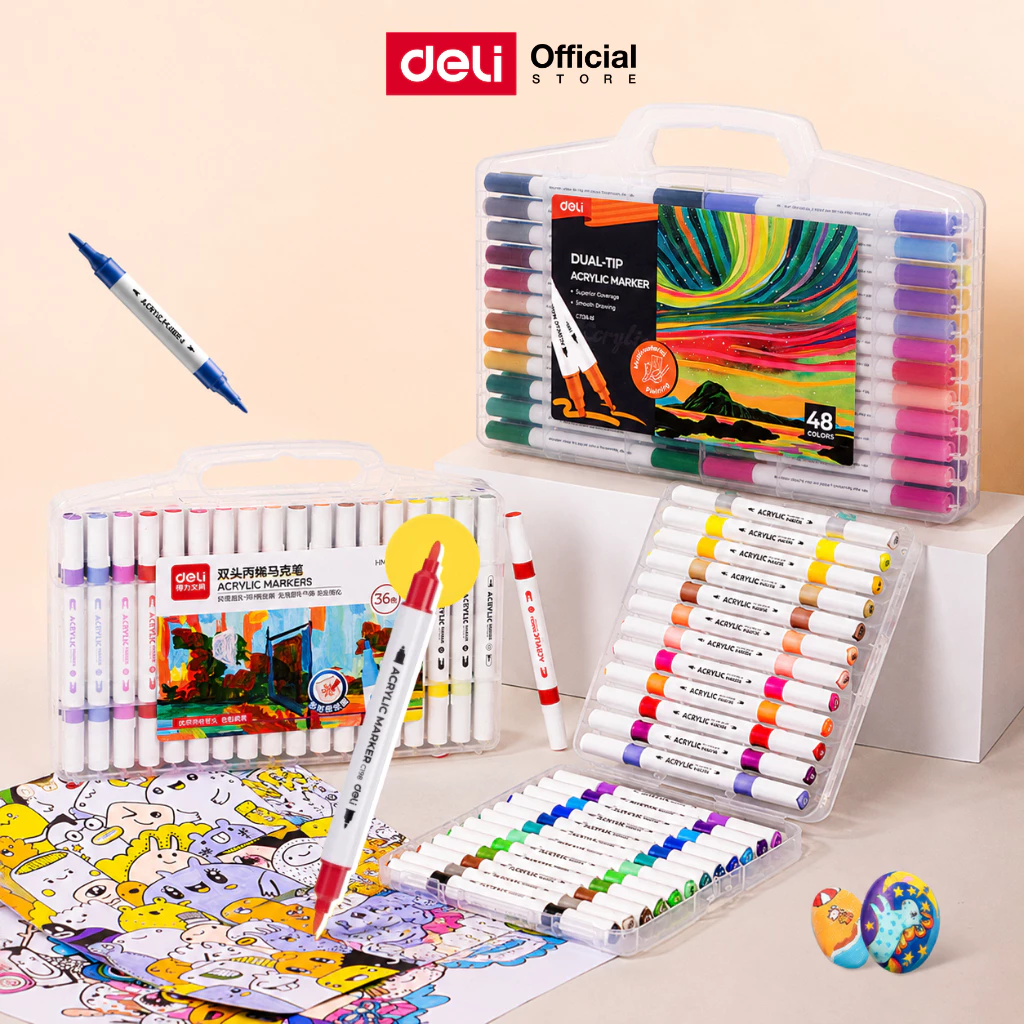ปากกาอะคริลิคหัวคู่ Deli 12/24/36/48 สี มาร์กเกอร์อะคริลิค กันน้ำ Acrylic Marker จำหน่าย 1 ชุด