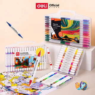 ปากกาอะคริลิคหัวคู่ Deli 12/24/36/48 สี มาร์กเกอร์อะคริลิค กันน้ำ Acrylic Marker จำหน่าย 1 ชุด