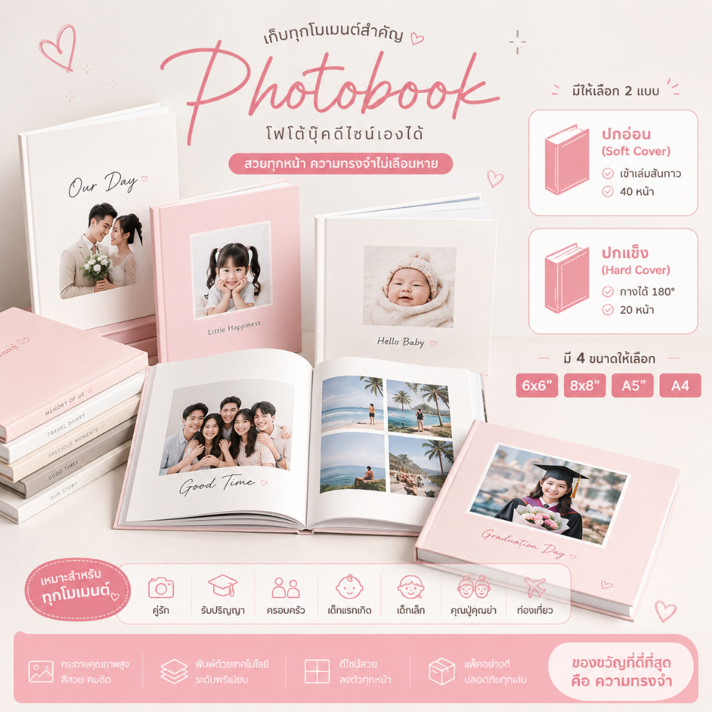 Photobook โฟโต้บุ๊ค สั่งทำ อัลบั้มรูป พร้อมออกแบบเอง ของขวัญวันเกิด รับปริญญา แต่งงาน เด็กแรกเกิด
