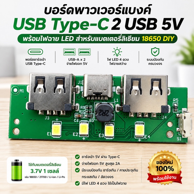 บอร์ดพาวเวอร์แบงค์ USB Type-C 2 USB 5V พร้อมไฟฉาย LED สำหรับแบตเตอรี่ลิเธียม 18650 DIY ของใหม่