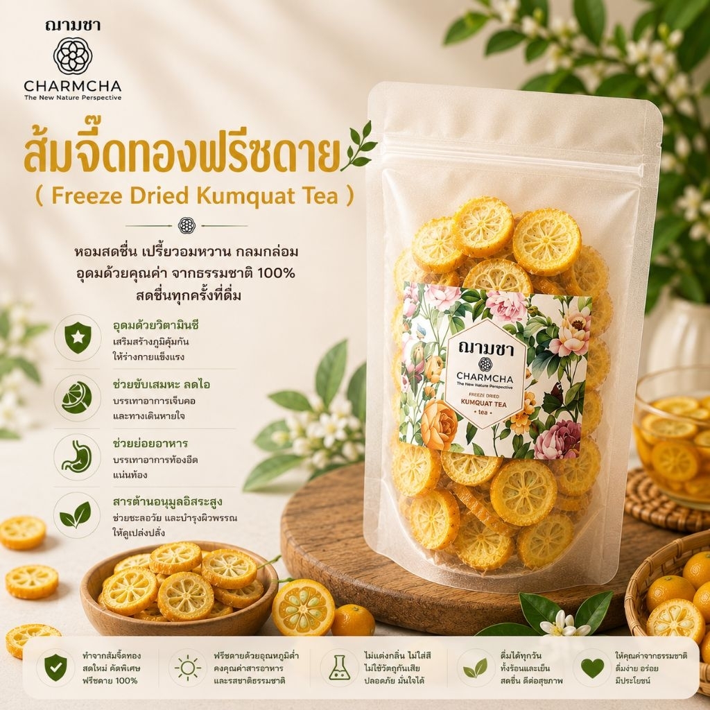 ส้มจี๊ดทองฟรีซดาย (Freeze Dried Kumquat Tea) วิตตามินซีสูง ชาผลไม้ ชาส้ม ชงชา ฌามชา Charmcha