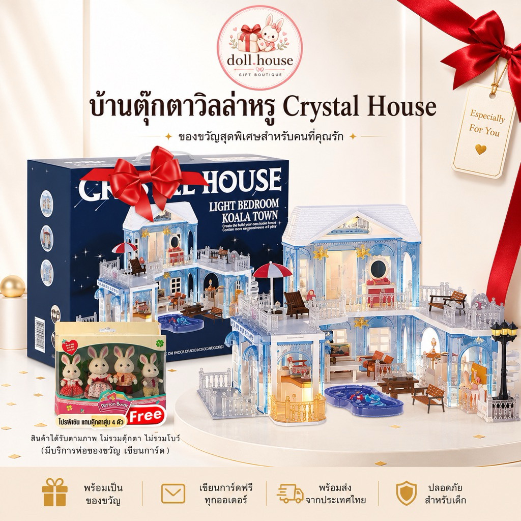 Doll.house🩵⛄️🎄🏡 Crystal Blue Luxury Villa  บ้านตุ๊กตา 2 ชั้น แถมฟรีตุ๊กตา ไฟ สระน้ำ  เฟอร์นิเจอร์ที่มาพร้อมความหรูหรา
