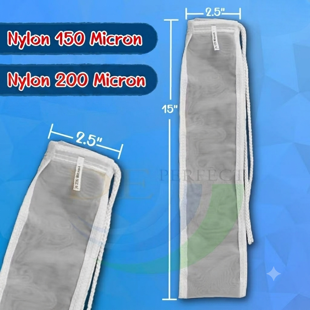 F003 ถุงกรองผ้าไนลอน150-200 ไมครอน ถุงกรองในบ่อปลา พับแบน 2.5" x ยาว 15 นิ้ว (สำหรับสวมท่อขนาด 1 นิ้ว)