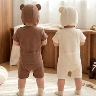 romper เด็กทารก เด็กผู้ชาย เด็กผู้หญิง แขนสั้น บอดี้สูท + หมวก 0-12 เดือน บาง ระบายอากาศ หมีน้อย วาฟเฟิล รอมเปอร์ + หมวก