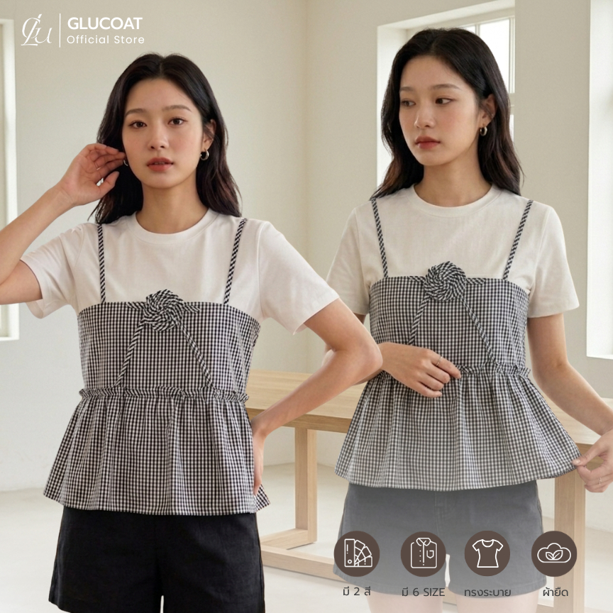 Glucoat | [A727] เสื้อยืดแขนสั้นสีขาวสายเดี่ยวลายสก็อต แต่งเข็มกลัดโบว์ดอกไม้ ชายเสื้อจับจีบระบาย