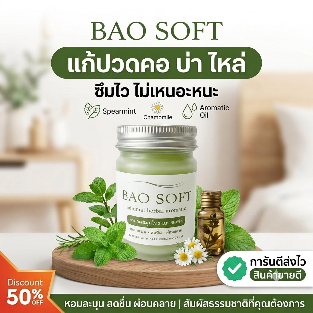 ยานวดสมุนไพรอโรมา เบาซอฟต์ BAO SOFT ครีมนวดสูตรเย็น ซึมไว ไม่เหนอะหนะ บรรเทาอาการปวดคอบ่าไหล่ ออฟฟิศซินโดรม BAO SOFT