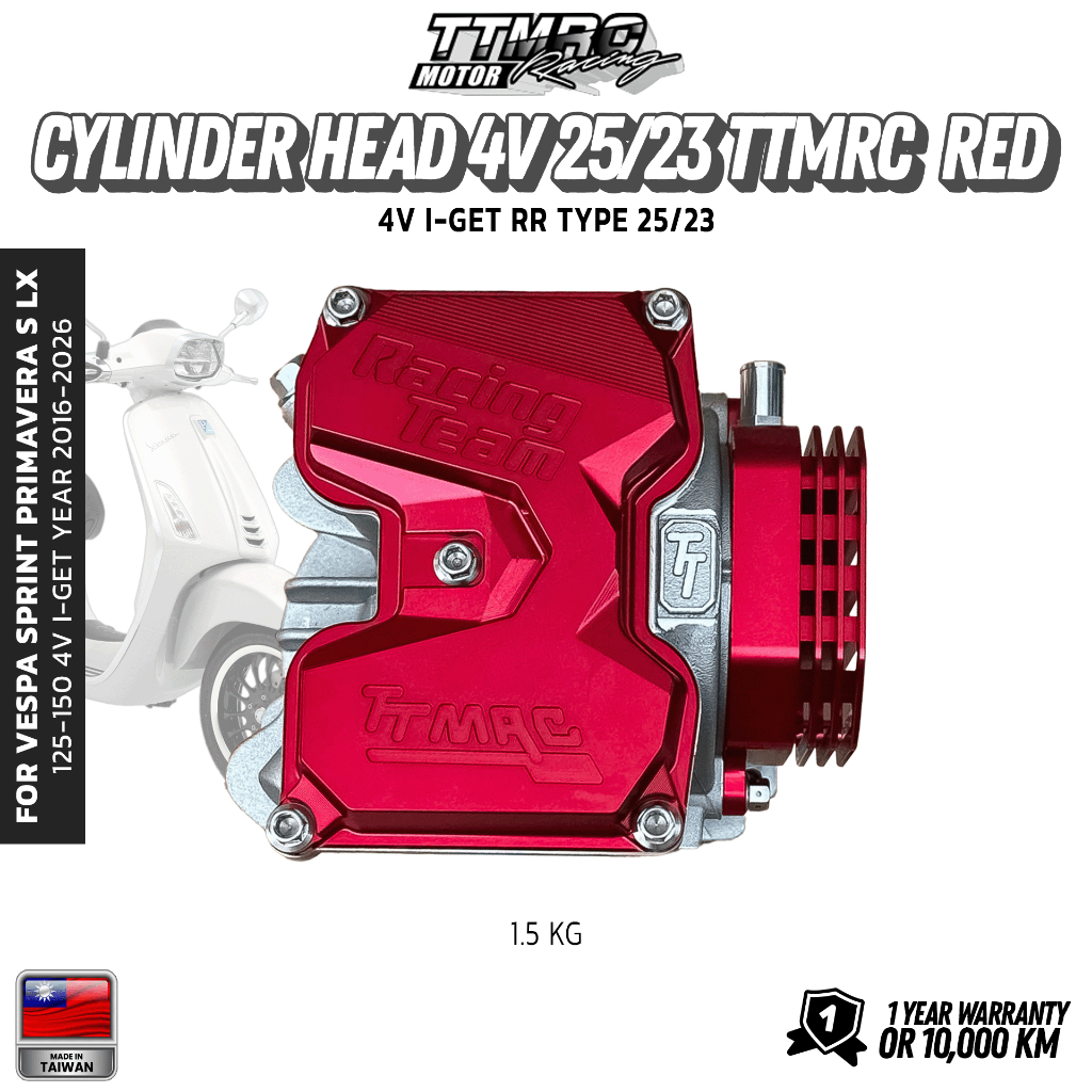 [พร้อมส่ง]  ชุดฝาสูบพร้อมฝาครอบวาล์วTTMRC สีแดง 4V RR TYPE V:25/23  I-GET สำหรับVESPA [TV1700R / TV1