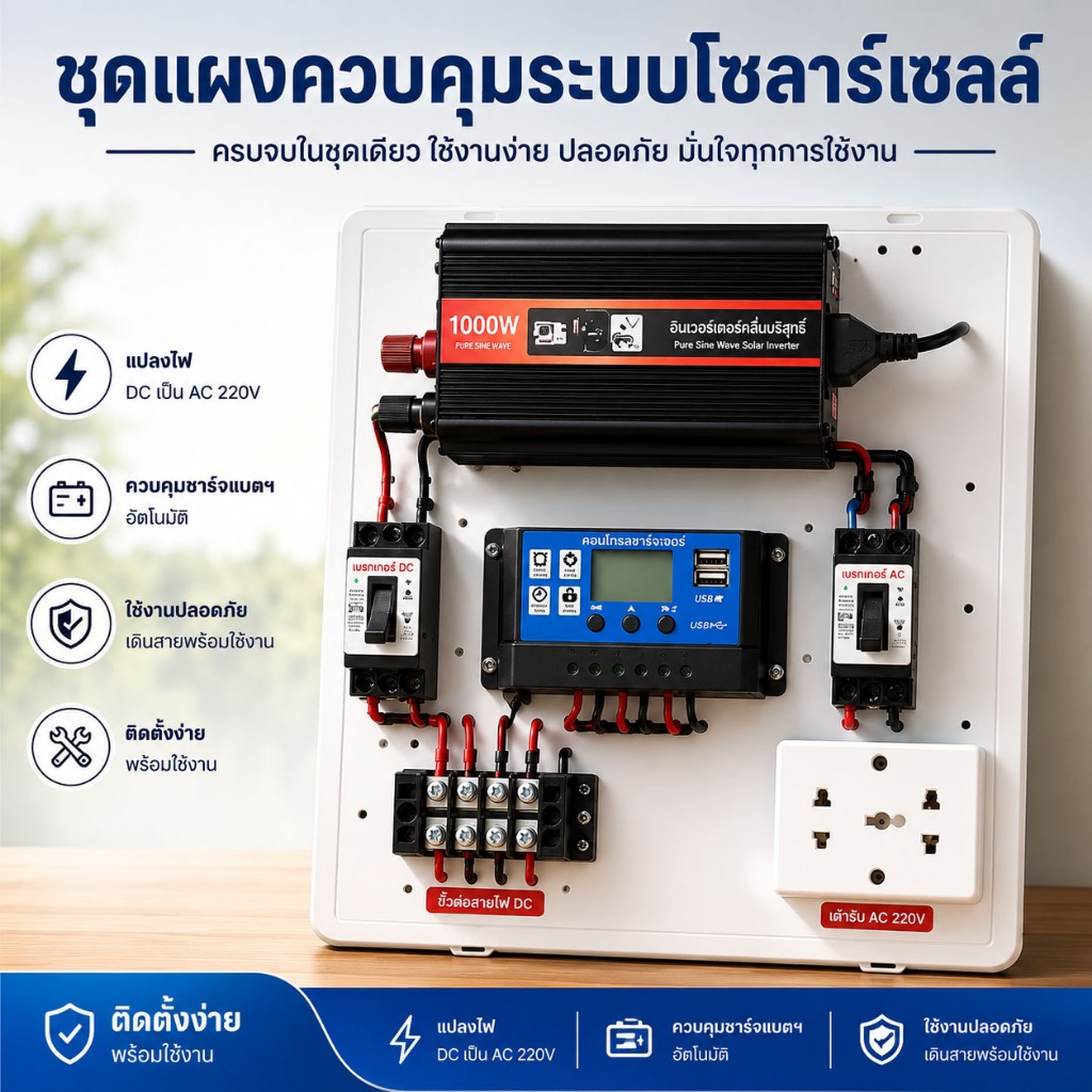 ชุดโซล่าเซลล์อินเวอร์เตอร์ 1000W 12V เป็น 220V พร้อมคอนโทรลชาร์จ 30A