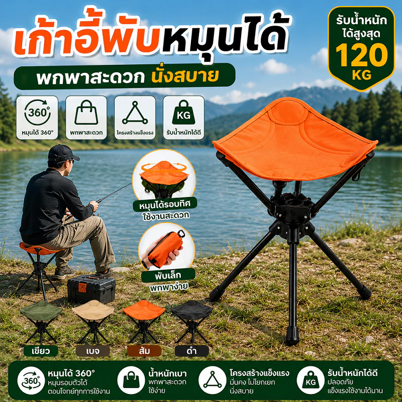สตูลพับหมุนได้ 360 องศา ผ้าออกซ์ฟอร์ดหนา กันสึก น้ำหนักเบา พกพาได้ 4 เฉดสี ใช้กลางแจ้งได้ทุกสถานการณ์