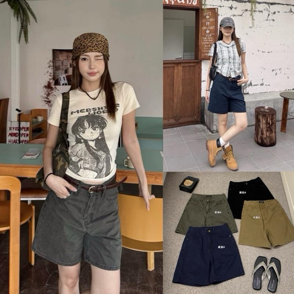 Glamorg1081-กางเกงยีนส์ขาสั้น กระดุมหน้า แต่งกระเป๋าหน้า-หลัง
