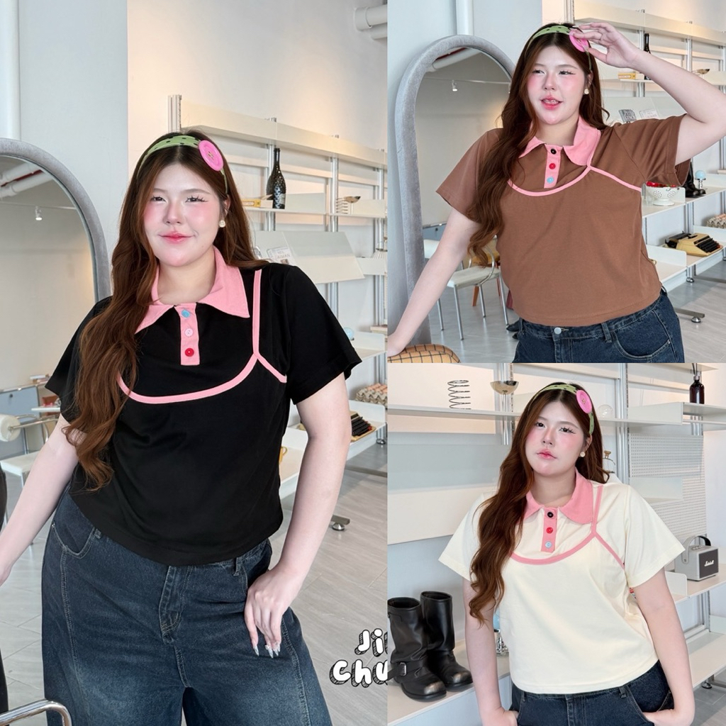 /JR/ เสื้อคอปกแต่งเลเยอร์ ไซส์อก38-50 เสื้อ+แต่งสายเดี่ยว ตัดขอบสีชมพู กระดุมหลากสี น่ารักมาก #สาวอวบอ้วน พลัสไซส์