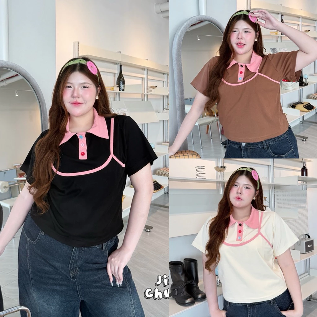 /JR/ เสื้อคอปกแต่งเลเยอร์ ไซส์อก38-50 เสื้อ+แต่งสายเดี่ยว ตัดขอบสีชมพู กระดุมหลากสี น่ารักมาก #สาวอวบอ้วน พลัสไซส์