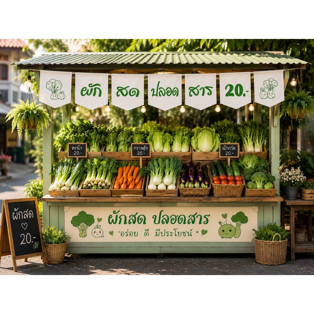 ธงราวผ้าดิบตกแต่งร้าน ธงผ้าผักสด ป้ายตกแต่งแผงผักสด ธงราวผักสดปลอดสาร