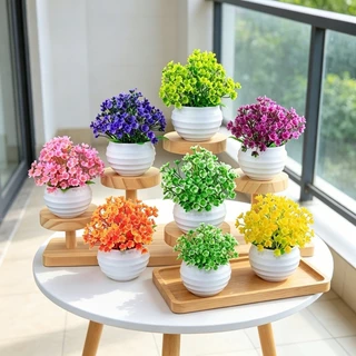 ดอกไม้บอนไซประดิษฐ์ พร้อมแจกัน สีที่สมจริง การจำลองระดับสูง บอนไซสำนักงาน สีเขียวบรรเทาความเมื่อยล้า