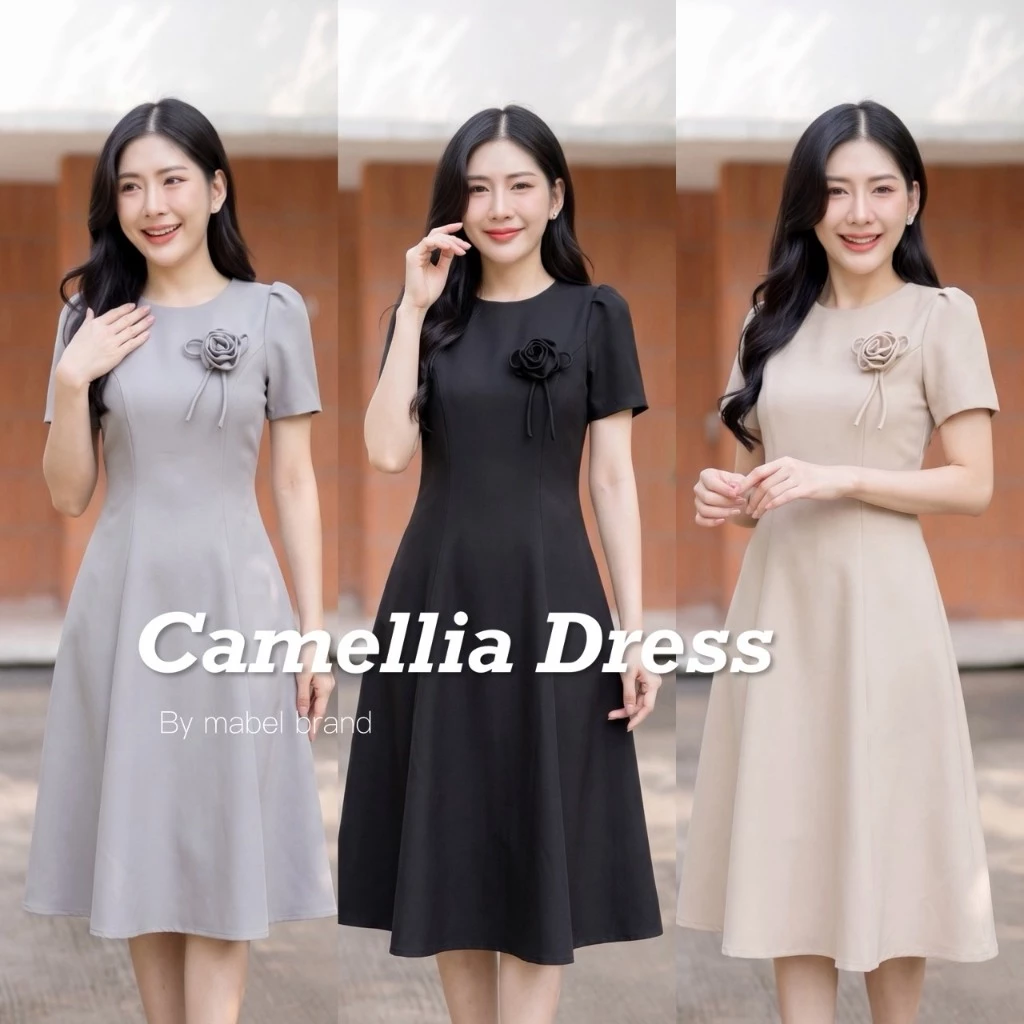 [Mabel brand] Z65 ยาว 42 นิ้ว เดรสคอกลม กระโปรงย้วย 7 ชิ้น เปเป้อัดกาว แถมกุหลาบ