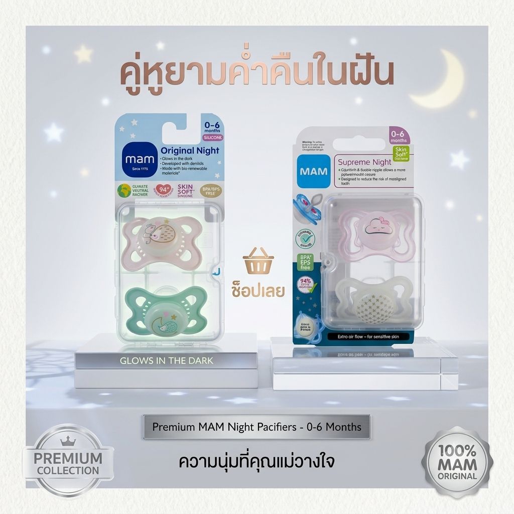 (ออกใบกำกับภาษีได้) จุกหลอก MAM Air Night Orthodontic Pacifier 1แพค มี 2ชิ้น)