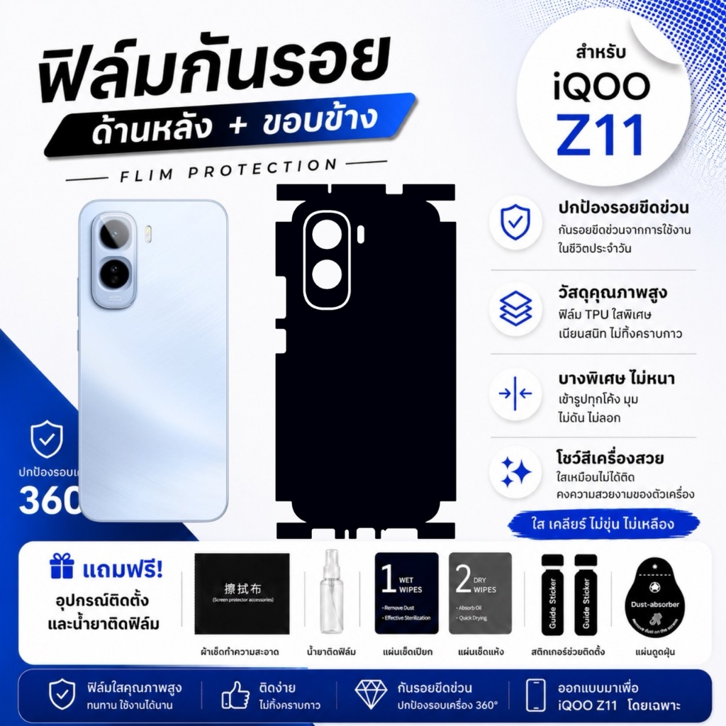ฟิล์มกันรอยขอบข้าง สำหรับโทรศัพท์รุ่น iQOO Z11 กันรอยหลังและขอบข้าง 1 แถม 1 พร้อมส่ง เก็บปลายทาง