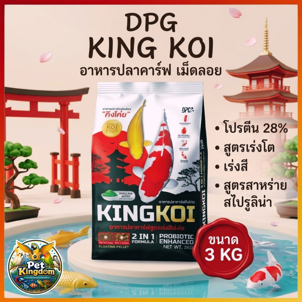 อาหารปลาคาร์ฟ 3Kg KING KOI 2 in 1 เร่งโต เร่งสี สูตรสาหร่ายสไปรูลิน่า โปรตีน 28% เม็ดลอย