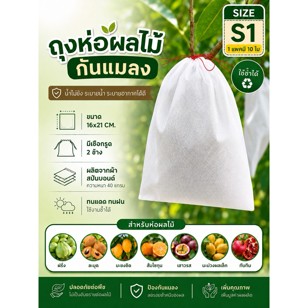ถุงห่อผลไม้กันแมลง S1 ผ้าหนา 40 แกรม เชือกไนลอน 2 ข้าง ใช้ซ้ำได้