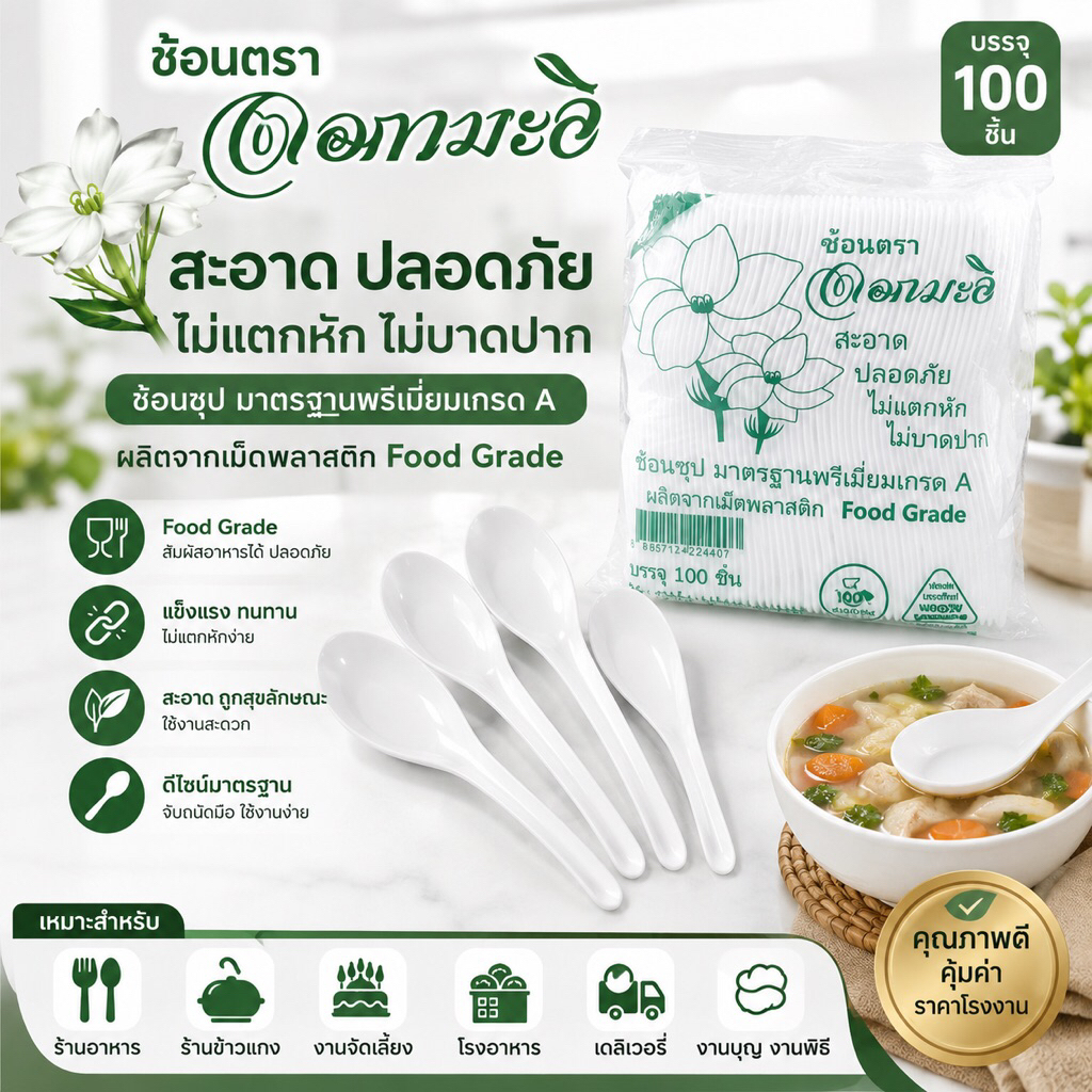 ช้อนพลาสติกซุป ตราดอกมะลิ (เกรด A) Food Grade 1 แพค 100ชิ้น