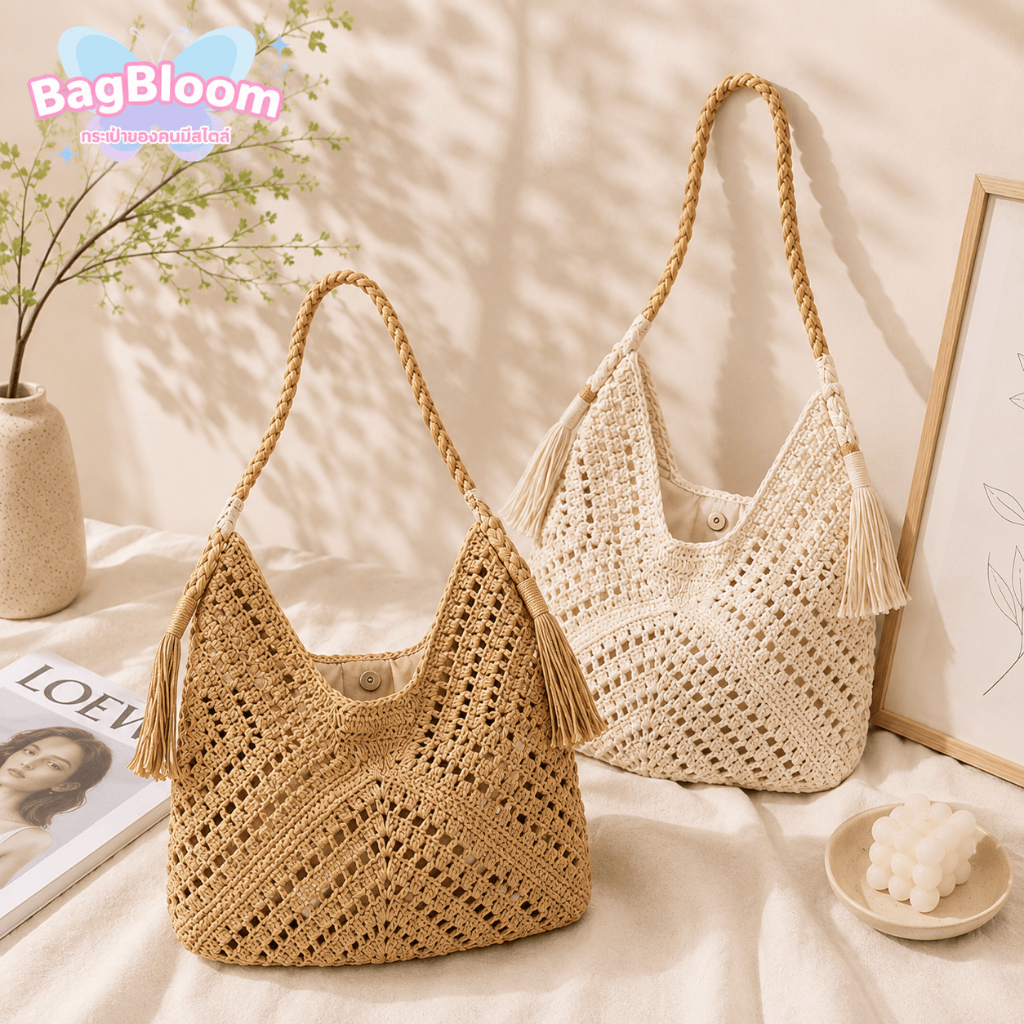 (พร้อมส่ง)กระเป๋าถือผู้หญิง แบบถักลายโปร่ง สำหรับเที่ยวทะเล หรือพักผ่อนริมชายหาด 2สี