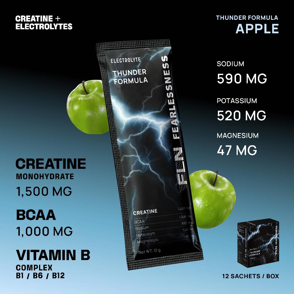 Fearlessness Creatine + Electrolytes I เฟียร์เลสเนส  เครื่องดื่มเกลือแร่ ผสมครีเอทีน แบบผง กลิ่น แอปเปิ้ล (แพ็ก 12 ซอง)