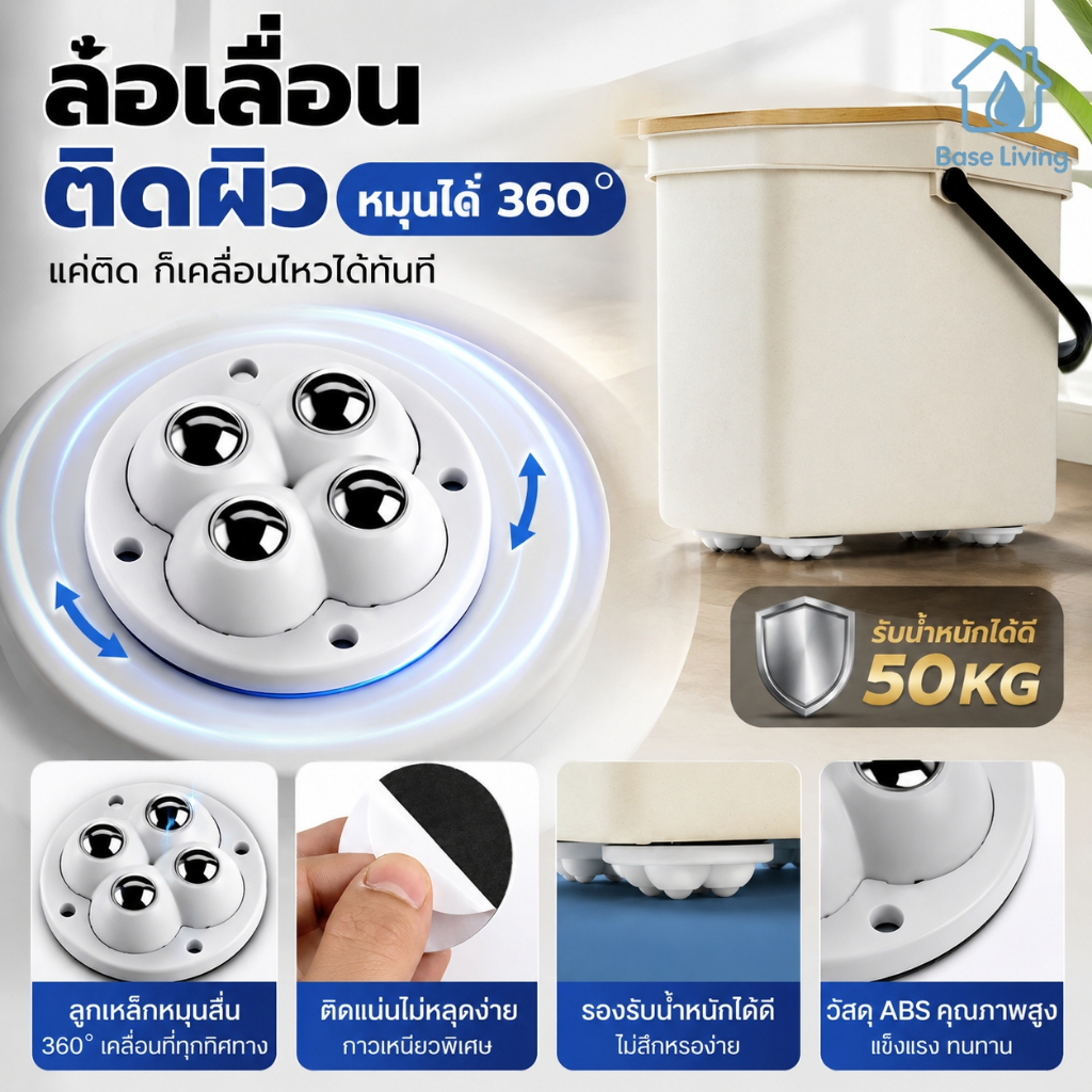 ล้อบอลยาง 360° เทปกาวสองหน้าติดเอง ไม่ต้องเจาะ เงียบลื่น ทนทาน รับน้ำหนักสูง ติดกล่อง ถัง โต๊ะ DIY บ้าน