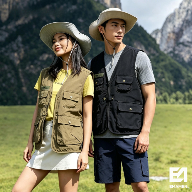 เสื้อกั๊กตั้งแคมป์สีดำ แขนกุด ซิปหน้า คุณภาพสูง เสื้อกั๊กสีคากิ เสื้อกั๊ก outdoor ผู้ชาย