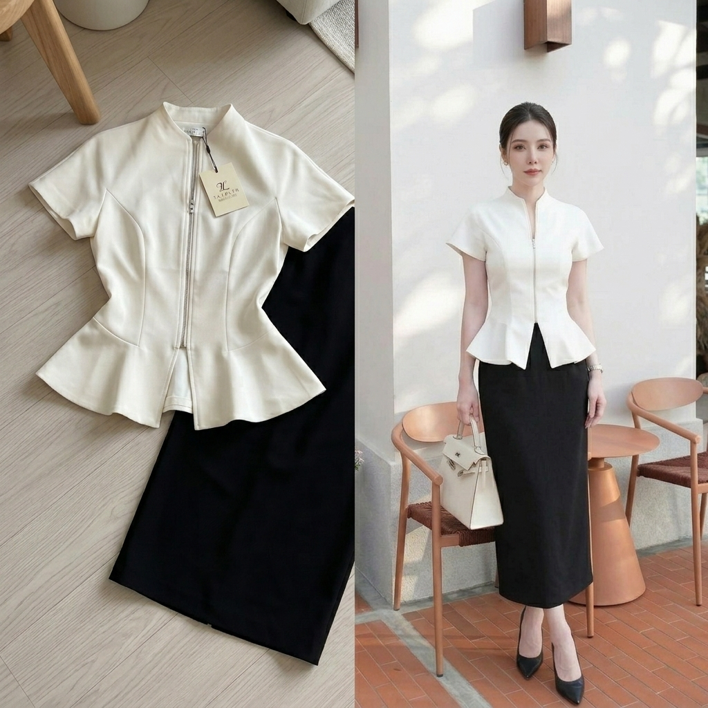 G377 เสื้อทำงานซิปหน้าคอจีน เอวเข้ารูป ชายระบาย สไตล์มินิมอล