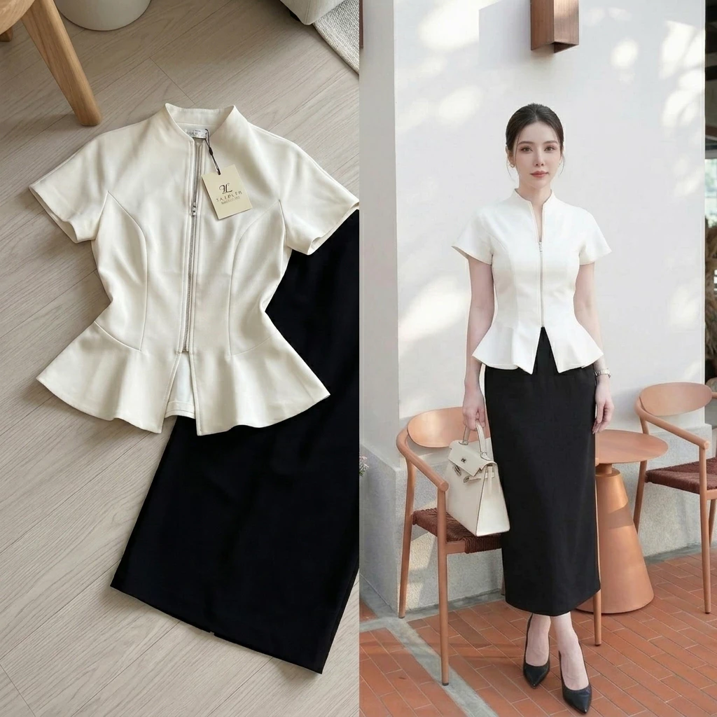 G377 เสื้อทำงานซิปหน้าคอจีน เอวเข้ารูป ชายระบาย สไตล์มินิมอล