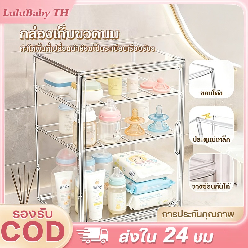 🍼กล่องเก็บขวดนมเด็ก👶กล่องเก็บของใช้เด็ก ความจุขนาดใหญ่ 4 ชั้น เปิดปิดด้วยแม่เหล็ก กล่องเก็บของกันฝุ่นพร้อมฝาปิด