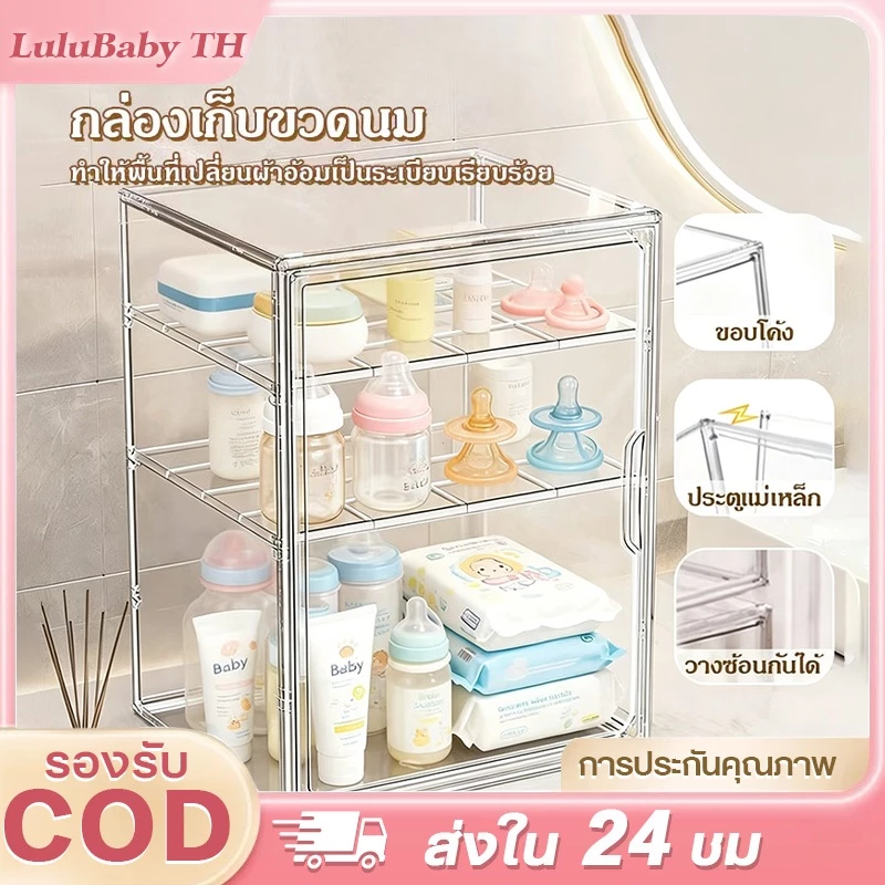 🍼กล่องเก็บขวดนมเด็ก👶กล่องเก็บของใช้เด็ก ความจุขนาดใหญ่ 4 ชั้น เปิดปิดด้วยแม่เหล็ก กล่องเก็บของกันฝุ่นพร้อมฝาปิด