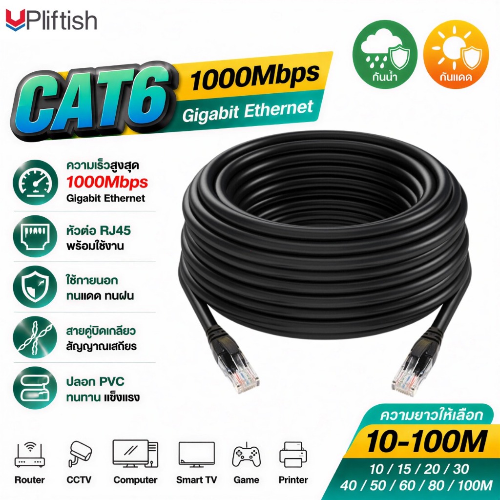 Upliftish สาย LAN Gigabit Ethernet กลางแจ้ง CAT6 UTP 10/15/20/30/40/50/60/80/100M