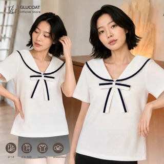 Glucoat | [A729] เสื้อแขนสั้นคอปกทหารเรือด้านหลังปัก glucoat พร้อมเข็มกลัดโบว์