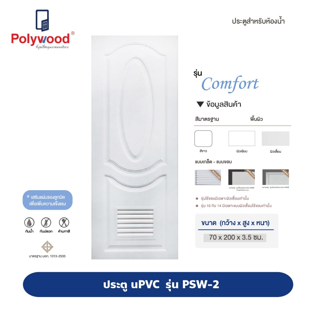 ส่งฟรี! ประตูห้องน้ำ Polywood ประตู uPVC รุ่น PSW-2 Comfort ไร้ขอบ ผิวเสี้ยน สีขาว เหมาะสำหรับภายในและห้องน้ำ ประตูภายใน