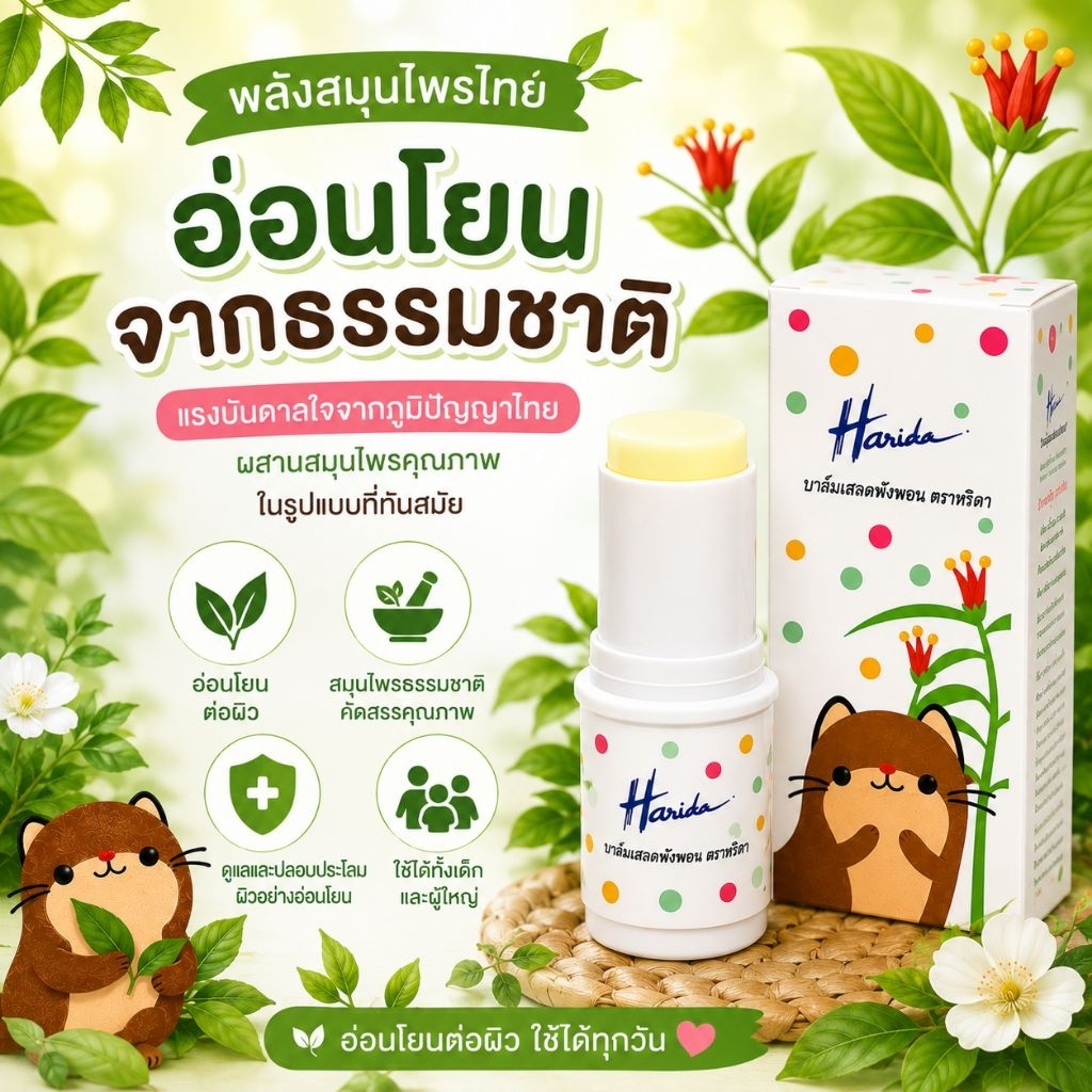 บาล์มเสลดพังพอน ตรา Harida(หริดา) ขนาด 6 กรัม 2 ชิ้น รูปที่ 6