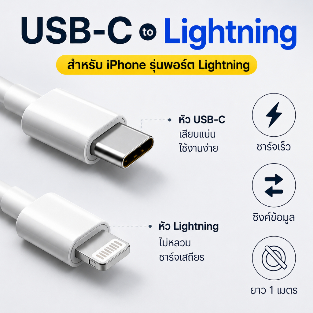 TYPE-C สายชาร์จ Lightning สำหรับ iPhone USB-C to Lightning 1 เมตร ชาร์จเร็ว คุณภาพดี พร้อมส่ง